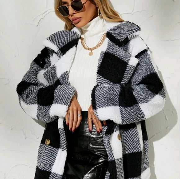 New Women's Gingham Double Breasted Teddy Coat - Picture 4 of 7